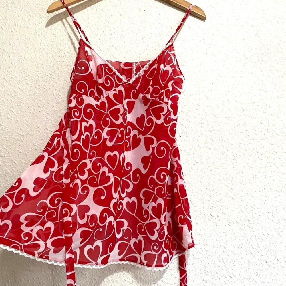 Women's Y2K Red Pink Heart split back Sheer Lace‎ Camisole Babydoll Top Small